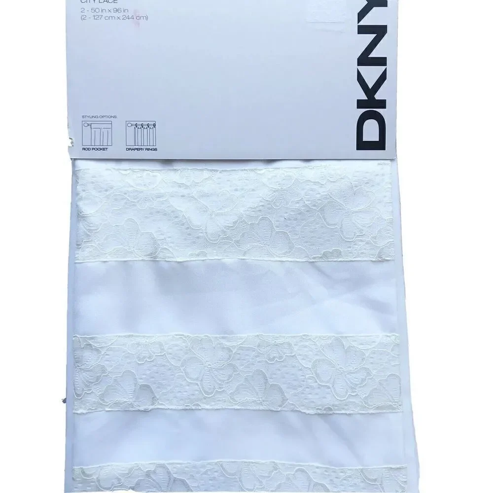 DKNY 2 Window Panels Curtains White Rod Pocket 50x96 City Lace Trim Drapes New